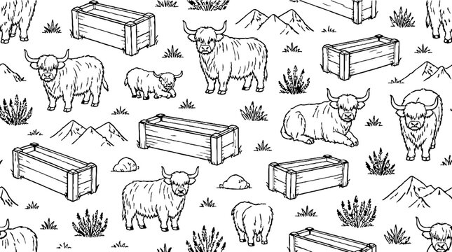 Illustrated yaks and wooden crates in mountain setting.