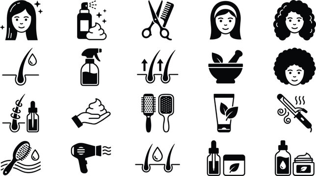 Hair salon styling and treatment glyph icon set with scissors mousse dryer oil follicle care vectors
