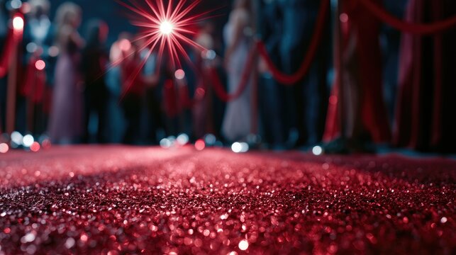 Sparkling red carpet event with blurred figures under dramatic lighting