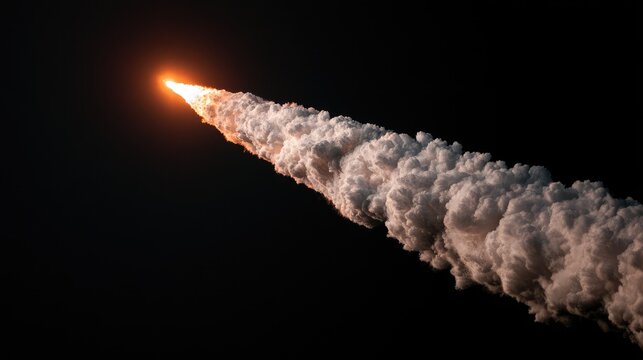 Fiery rocket ascends into dark sky, leaving brilliant smoke trail