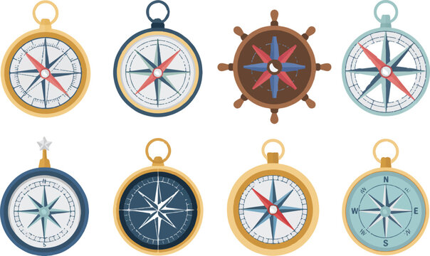 Set of vintage nautical navigation compasses for maritime orientation and travel exploration isolated on transparent background.