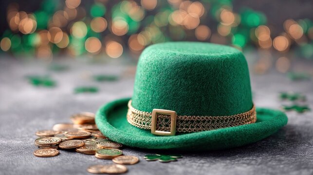 Green leprechaun hat with gold coins and shamrocks for St Patrick's Day