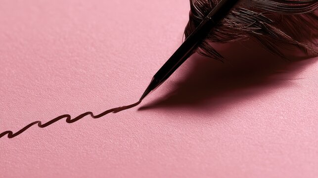 A quill pen elegantly draws a wavy line on a soft pink textured surface
