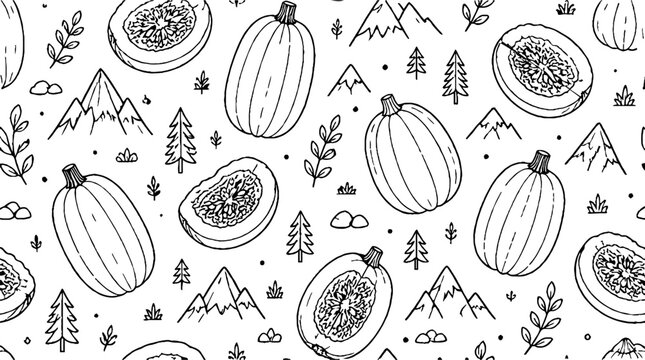 Hand drawn pumpkins and mountains seamless pattern design.