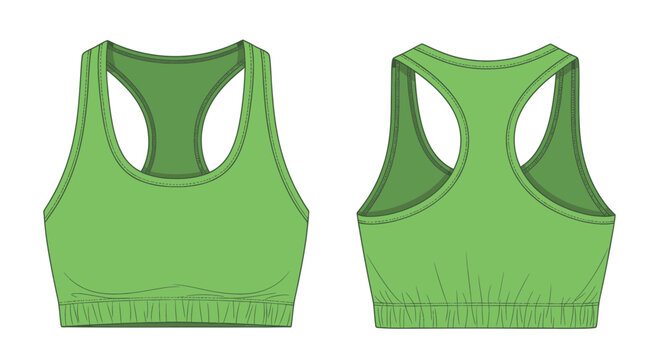 Green racerback sports bra technical fashion sketch front and back