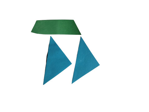 Abstract geometric shape design with one green trapezoid and two blue triangles in a simple pattern isolated on transparent background