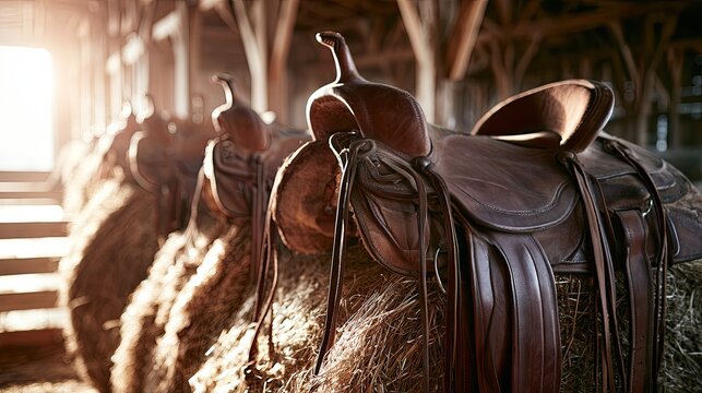 Row of leather saddles on hay bales in sunlit barn