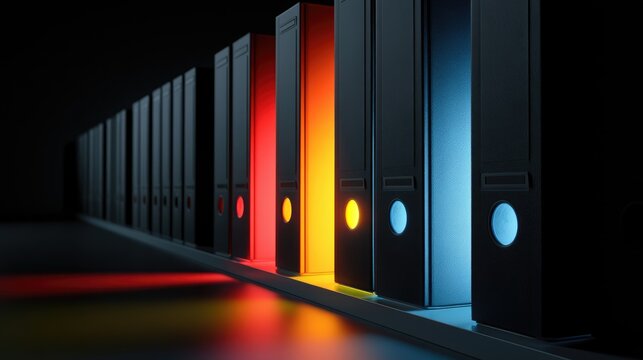 Row of black binders, glowing with red, orange, and blue light