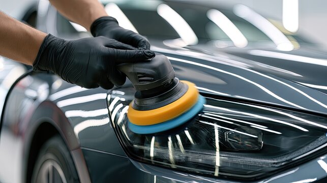 Gloved hands polish car headlight with buffer