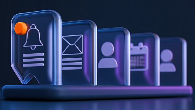 Transparent digital icons for notifications, messaging, contacts, and calendar