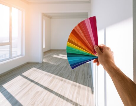 Hand holds color swatch fan in sunlit, empty room with hardwood floors