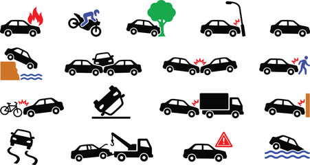 Set of black silhouette car accident , traffic incident icons for auto insurance road safety, vehicle damage concept  © Tanveer