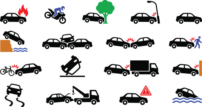 Set of black silhouette car accident , traffic incident icons for auto insurance road safety, vehicle damage concept
