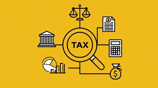 Magnifying glass over "TAX" surrounded by icons of law, finance, and analysis