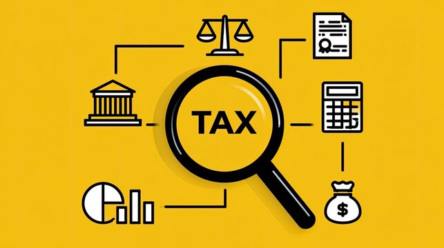 Magnifying glass over "TAX" surrounded by financial and legal icons