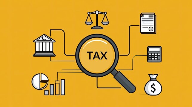 Magnifying glass over "TAX" with icons representing finance, law, and accounting