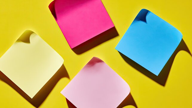 Four brightly colored adhesive squares cast shadows on a vibrant yellow surface