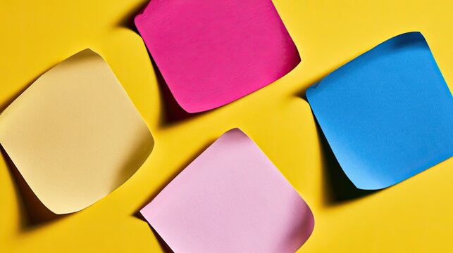 Four colorful square papers arranged on a bright yellow surface
