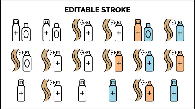 Hair spray and mousse editable stroke icon set showing cosmetic product bottles and strand styling vector