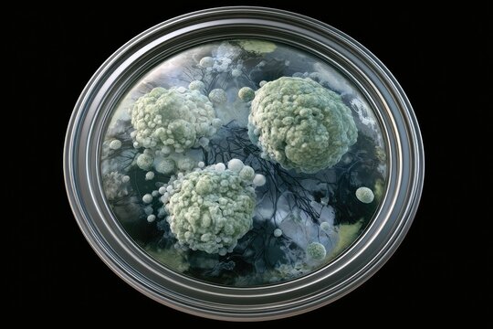 Macro view of fuzzy, textured microbial colonies within a petri dish