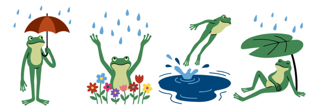 Cute frog rain set with frogs holding umbrella, enjoying rain with flowers, jumping into puddle and relaxing under leaf for spring weather monsoon and nature concept. Flat vector illustration