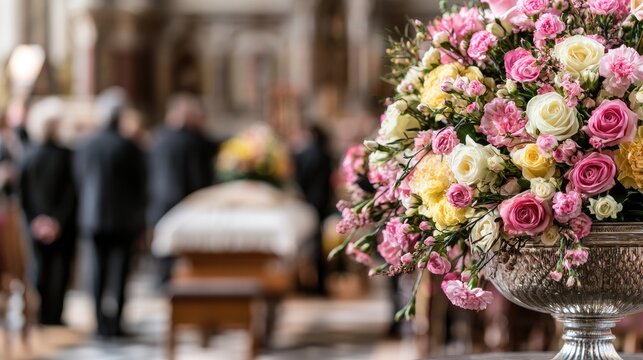 A close-up of a floral arrangement at a funeral, with a coffin in the background