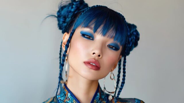 Young attractive asian woman with blue braided hair styled in double buns wearing futuristic patterned outfit posing in studio with soft lighting and neutral background Concept of creative beauty