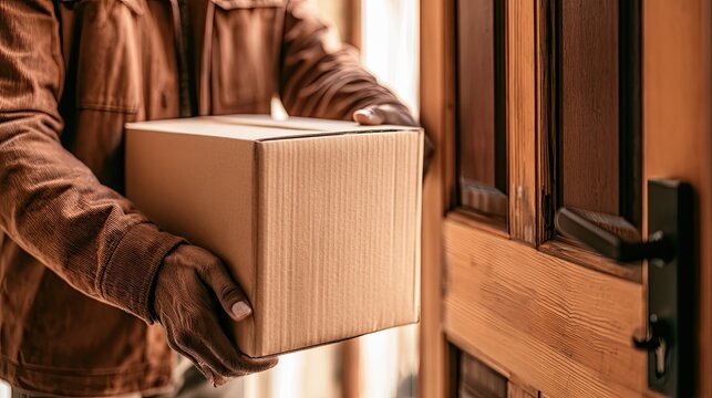 Hands hold a brown cardboard box near a wooden door