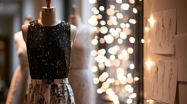 Black sequin top and floral skirt displayed on mannequins