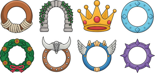 Naklejka premium Fantasy and game frames orbs crown and stone archway elements for creative projects and profile borders.