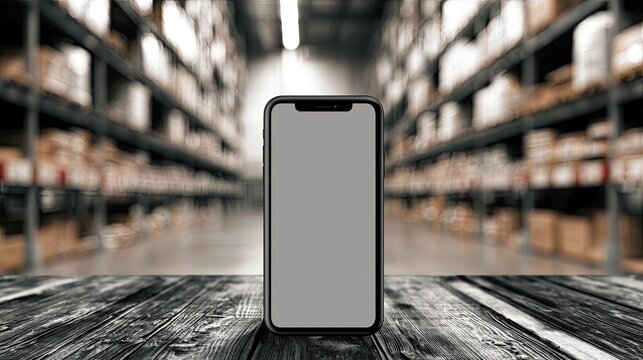 Smartphone on wooden table in a vast warehouse