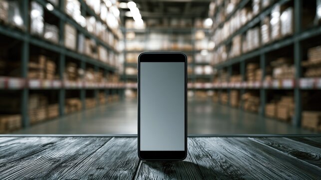 Smartphone on wooden table in a vast, well-stocked warehouse