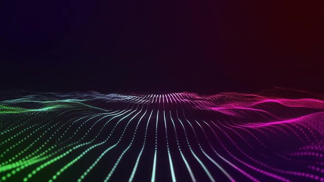 Abstract neon energy waves pulsing into dynamic flowing lines on a dark gradient background. Futuristic seamless loop animation perfect for technology visuals, music backdrops, and modern motion graph