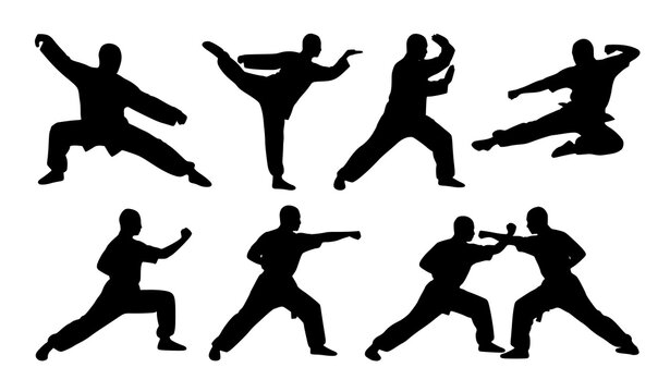 Dynamic Chinese kung fu pose silhouette bundle with martial arts stances
