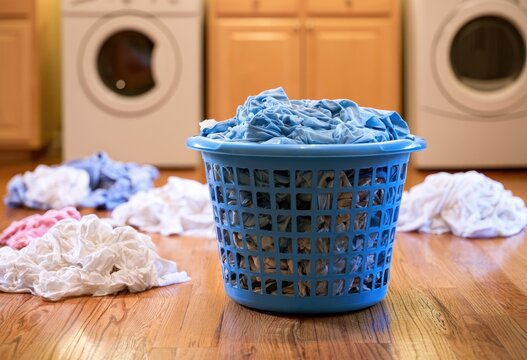 Blue basket overflows with clothes on a wooden floor near washers