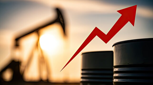 Oil pumpjack and barrels with rising red arrow against sunset