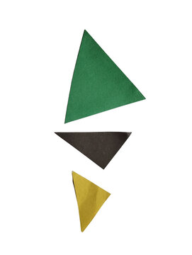 Three simple geometric triangle shapes in green black and gold colors with a rough paper texture isolated on transparent background