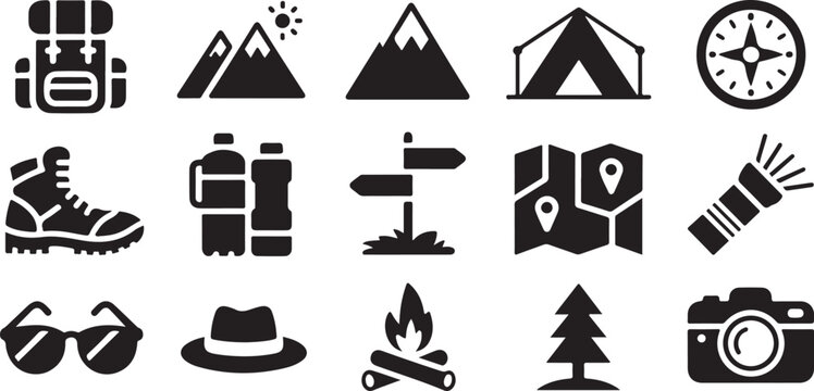 Black hiking icons set featuring backpack mountain peak tent compass boot water bottle signpost map flashlight glasses hat fire.