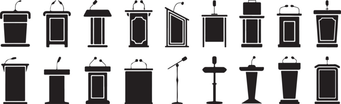 Podium tribune rostrum speech stand icons set, various lecterns for public speaking and presentation events collection.