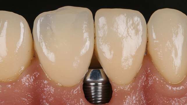 Close-up of a metal dental implant screw installed in the jawbone between natural teeth and pink gums for tooth replacement