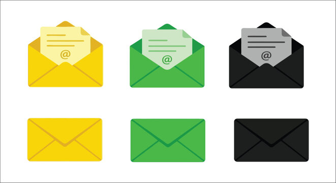 Email icons in yellow green and black flat vector illustration with envelope and at symbol electronic mail message correspondence communication letter inbox outbox icon pictogram