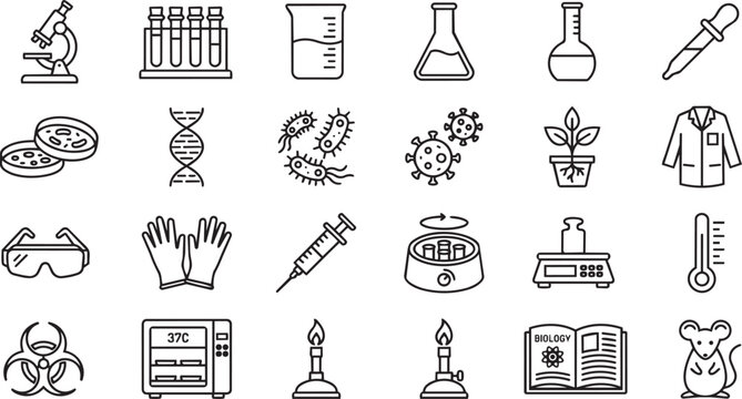 Detailed set of various black outline science laboratory equipment icons rendered as a vector on transparent background