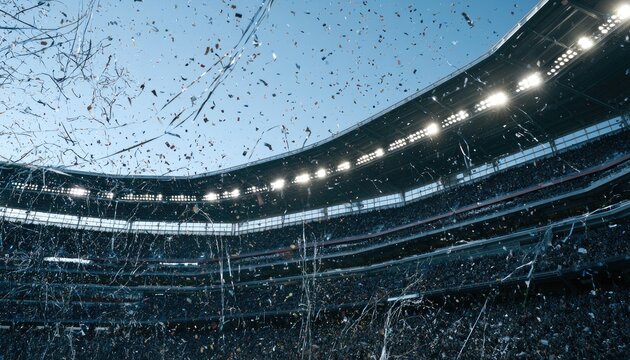 Stadium filled with cheering crowds and falling confetti under bright lights