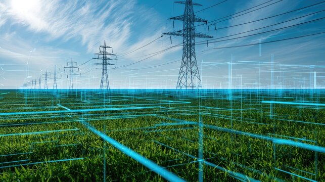 Electric grid infrastructure over green field with digital overlay