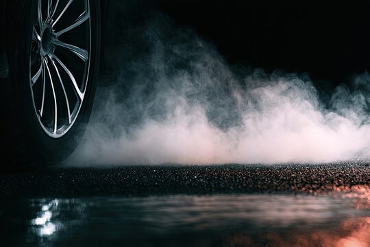 Spinning tire creates thick, white smoke on wet, dark asphalt