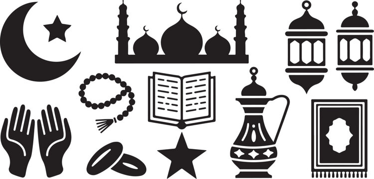 Islamic religious icons including mosque prayer mat beads hands open for worship crescent star lantern symbols for devotion.