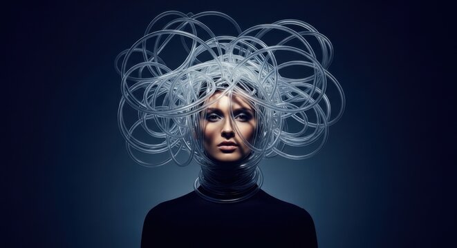 Abstract Mind: A woman with a striking hairstyle resembling tangled tubes, symbolizing a complex thought process or innovative idea, gazes intensely forward against a moody, dark backdrop.