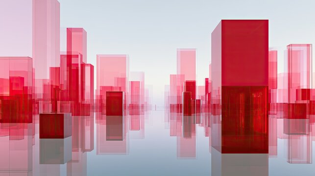 Translucent red geometric forms create a futuristic, abstract cityscape on a reflective surface
