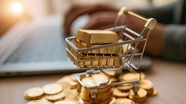 Tiny shopping cart overflows with gold bars on coins, online shopper types