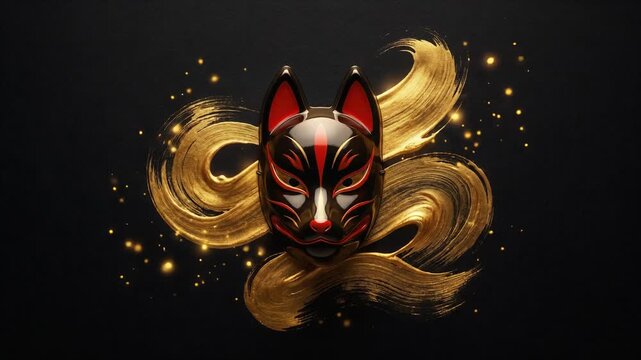 Golden Fox Mask Japanese Ink Animation Background